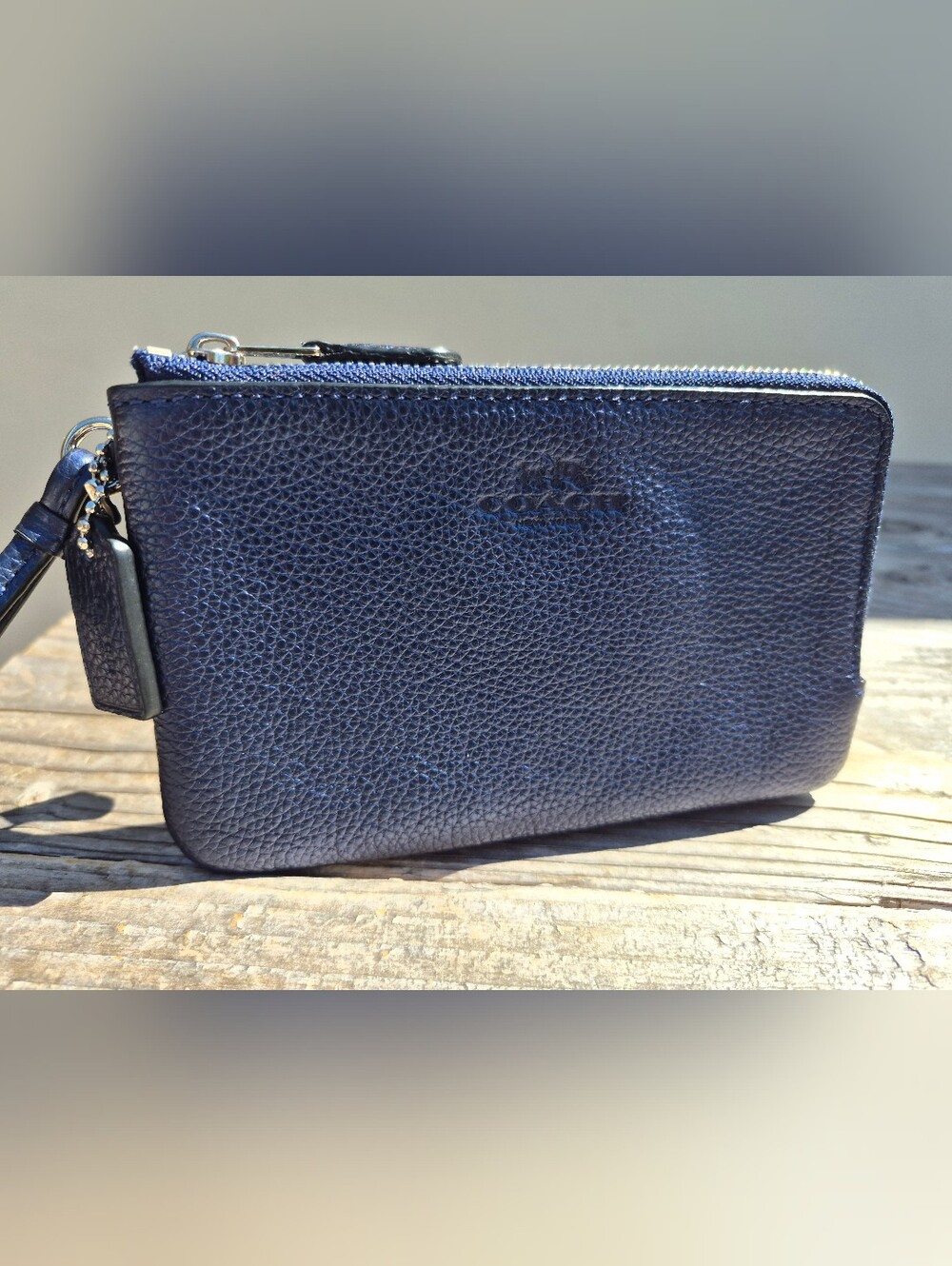 Coach Pebbled Leather Double Corner Zip Wristlet in Metallic Midnight Blue - Picture 3 of 11
